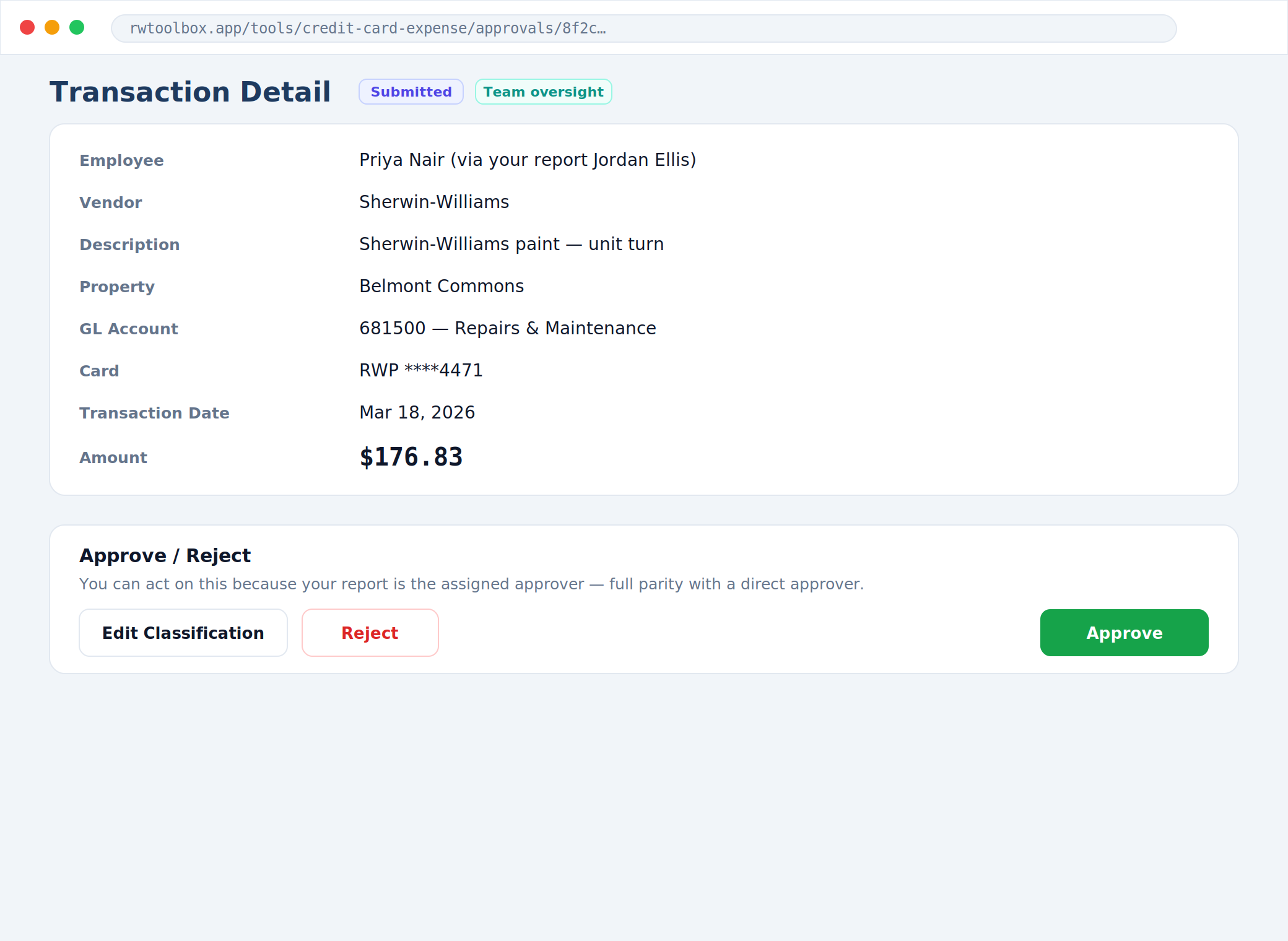 Approval detail for a team transaction showing Approve, Reject, and Edit Classification