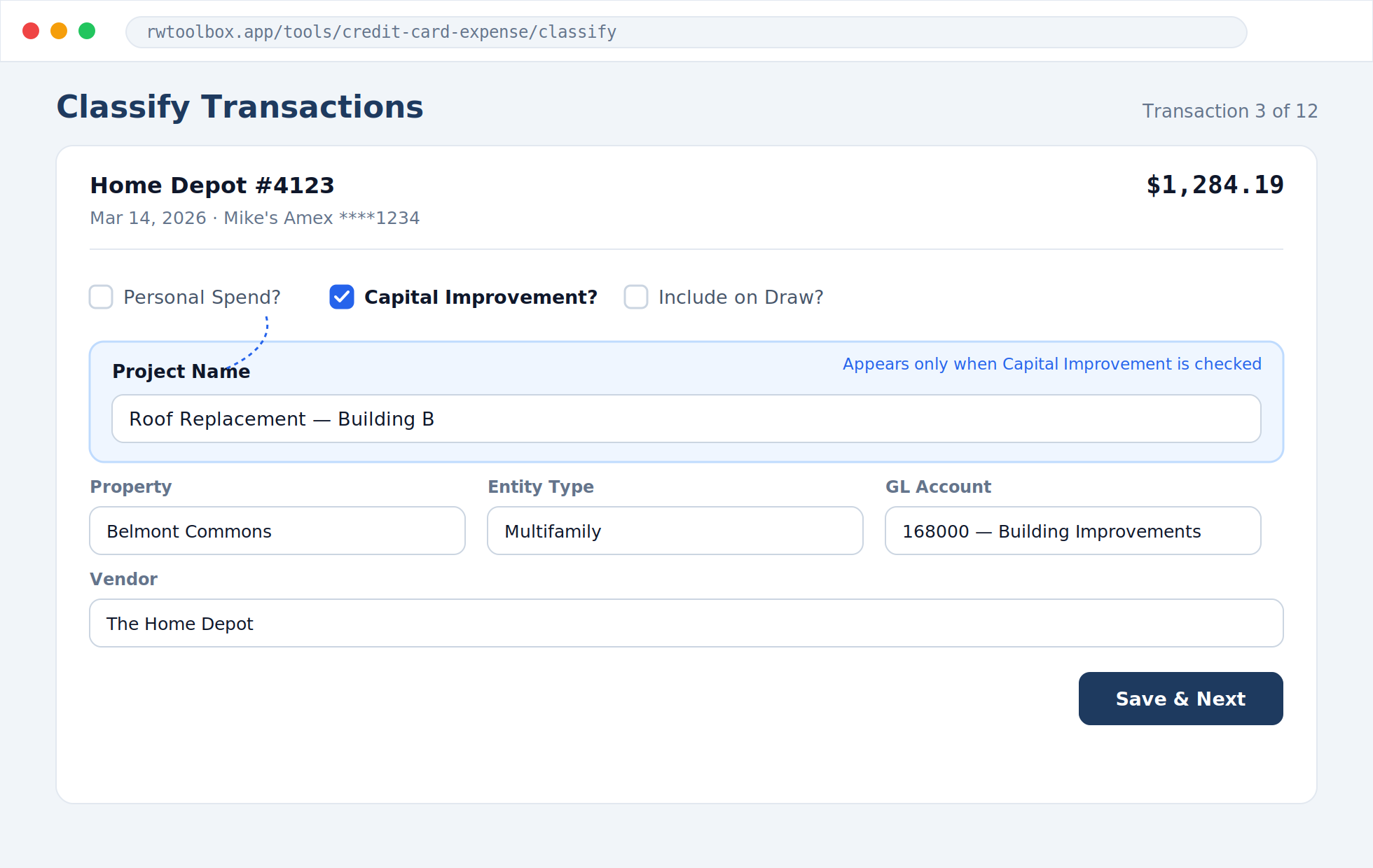 The Project Name field on the classify screen, revealed when Capital Improvement is checked